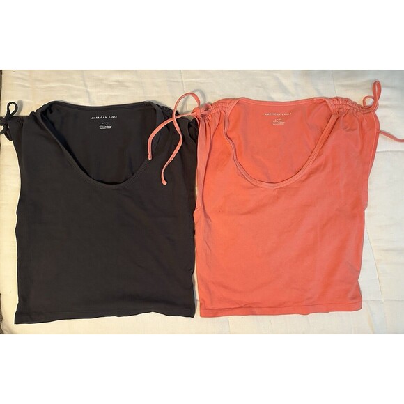 AMERICAN EAGLE Cinch Shoulder Tie Tees Bundle of‎ 2 Coral/Black SMALL - Picture 1 of 13
